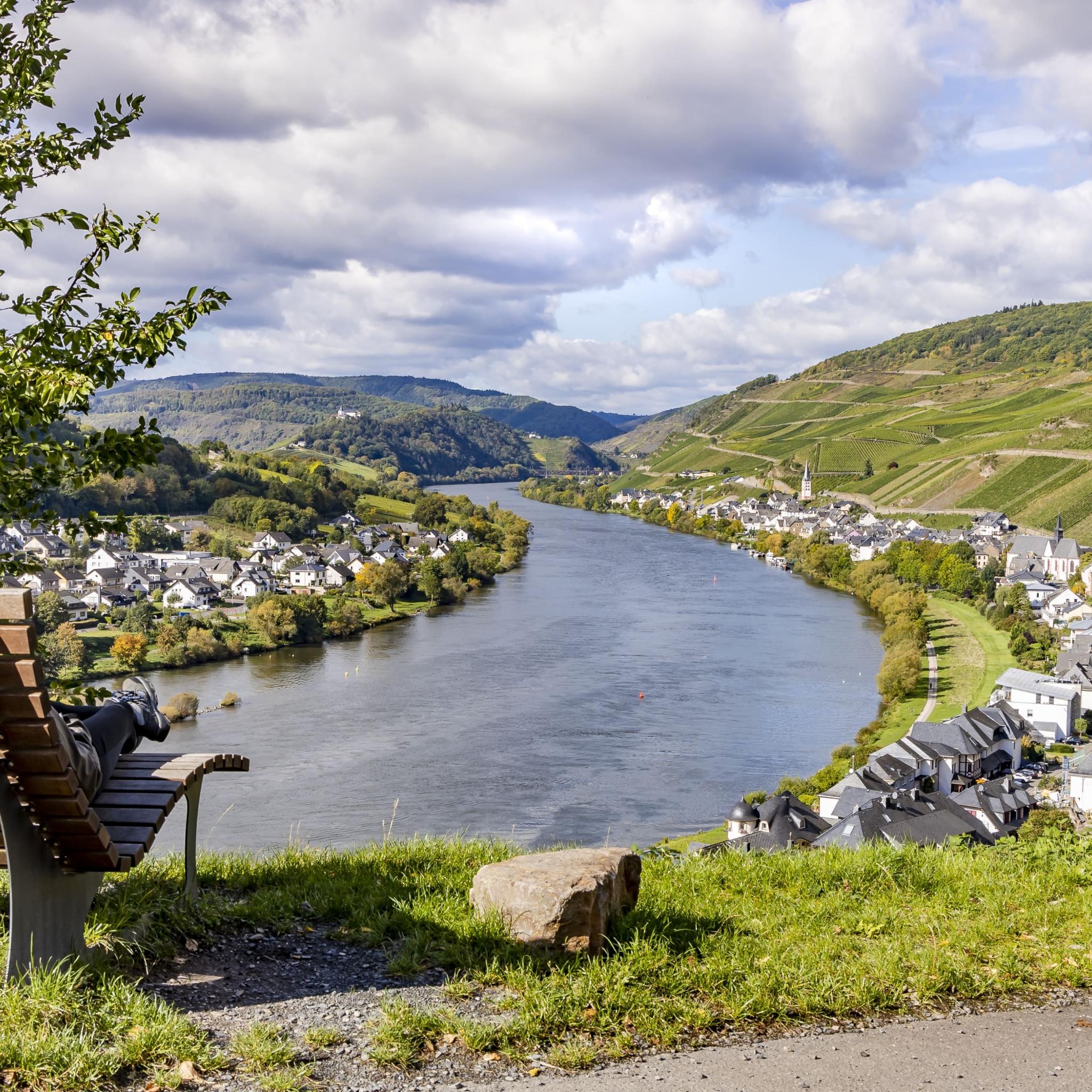Man sieht links eine Ruhebank. Der Blick geht auf die Mosel mit umliegenden Dörfern