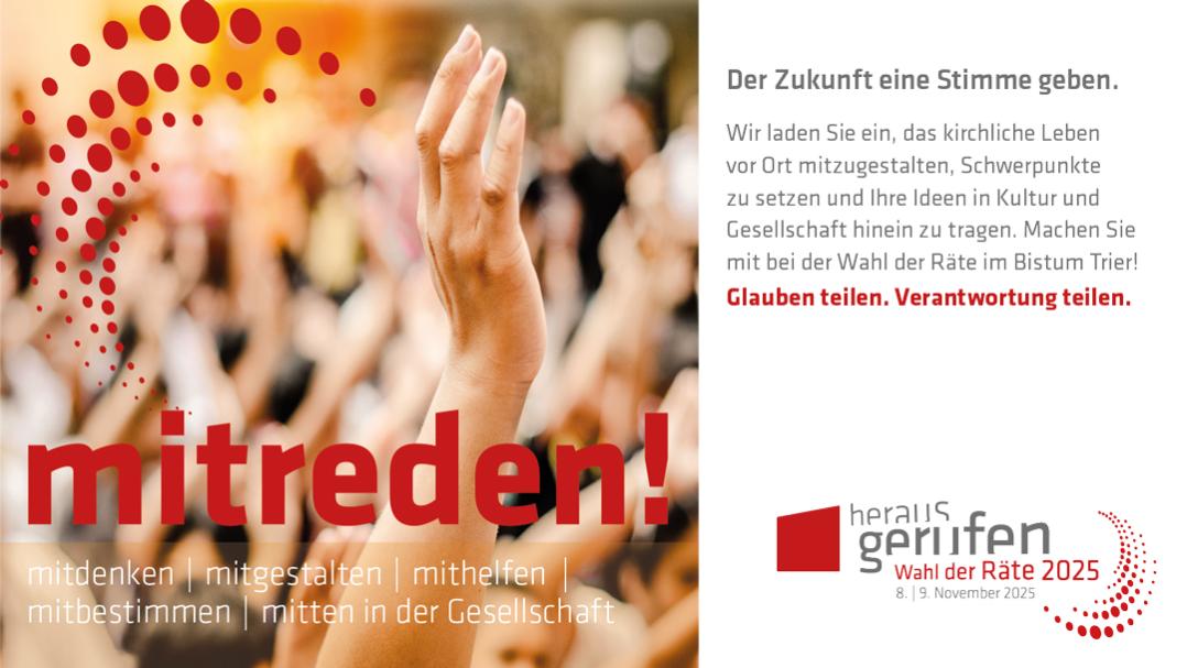 Das Bild zeigt zweigeteilt zur Linken das Motiv der gestreckten Hände und dem Text 'mitreden' und rechts einen Text und das Logo der Wahlen für die Räte