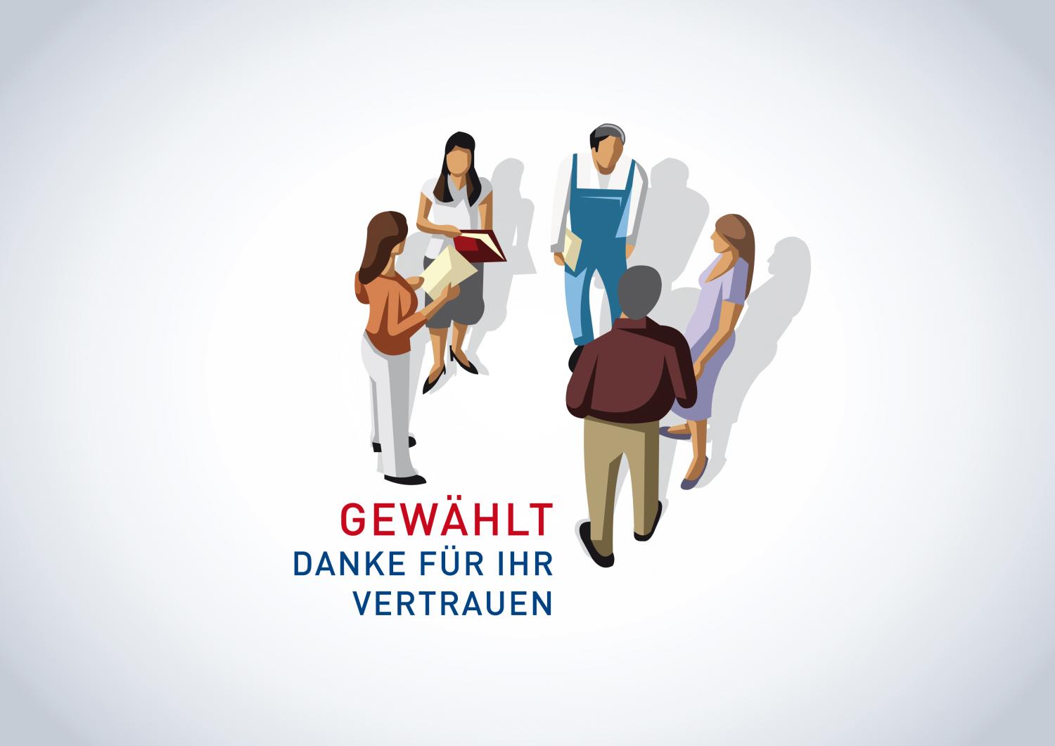 Gruppe von Menschen (gezeichnet); darunter Schriftzug 'Gewählt. Danke für Ihr Vertrauen'