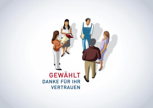 Gruppe von Menschen (gezeichnet); darunter Schriftzug 'Gewählt. Danke für Ihr Vertrauen'