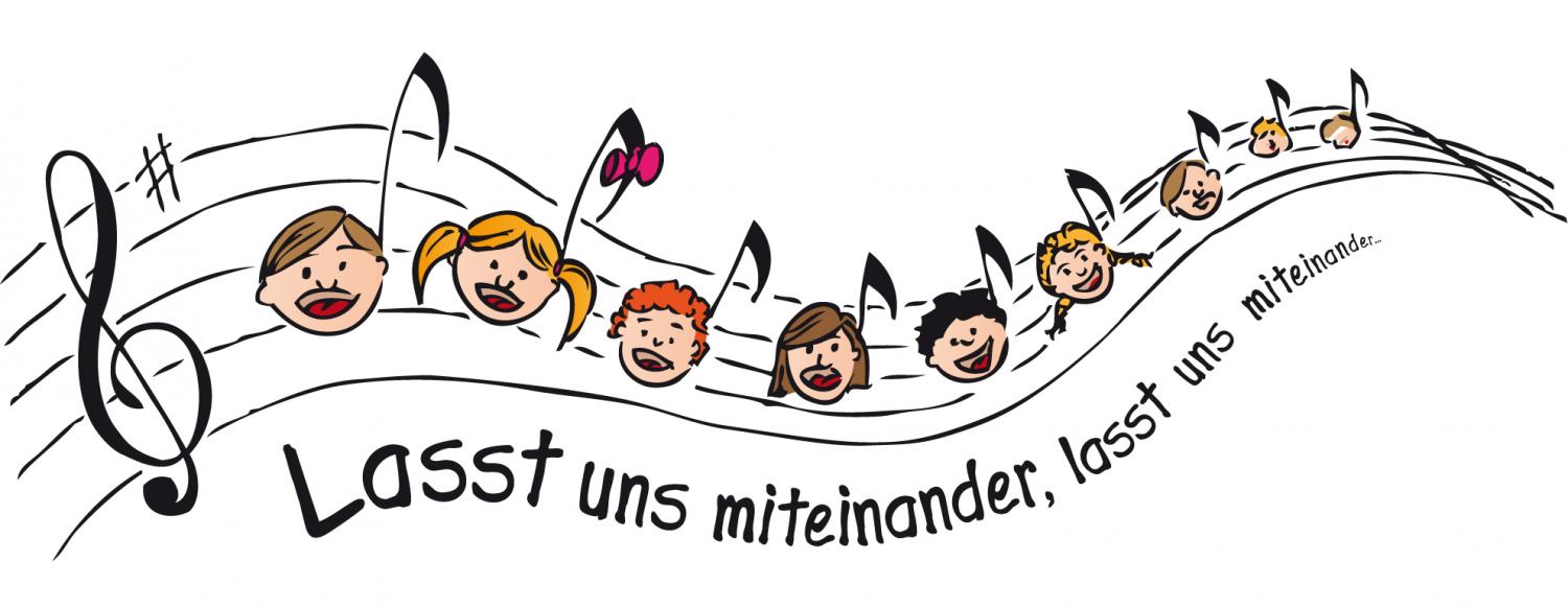 Geschwungene Notenlinien, die Noten sind gezeichnete Köpfe von Kindern, darunter ein nach rechts hin kleiner werdender Text: 'Lasst uns miteinander, lasst uns miteinander...'