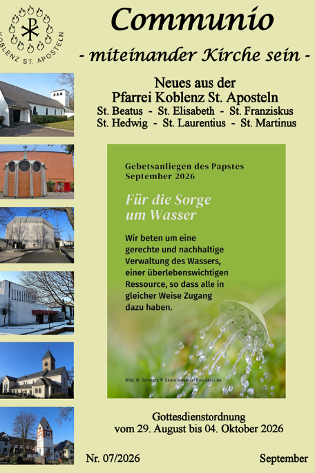 Titelbild des Pfarrbriefs September 2026 der Pfarrei Koblenz St. Aposteln im Fokus ein Foto von Wasser mit dem Hinweis auf ein Gebetsanliegen zur gerechten Verteilung von Wasser