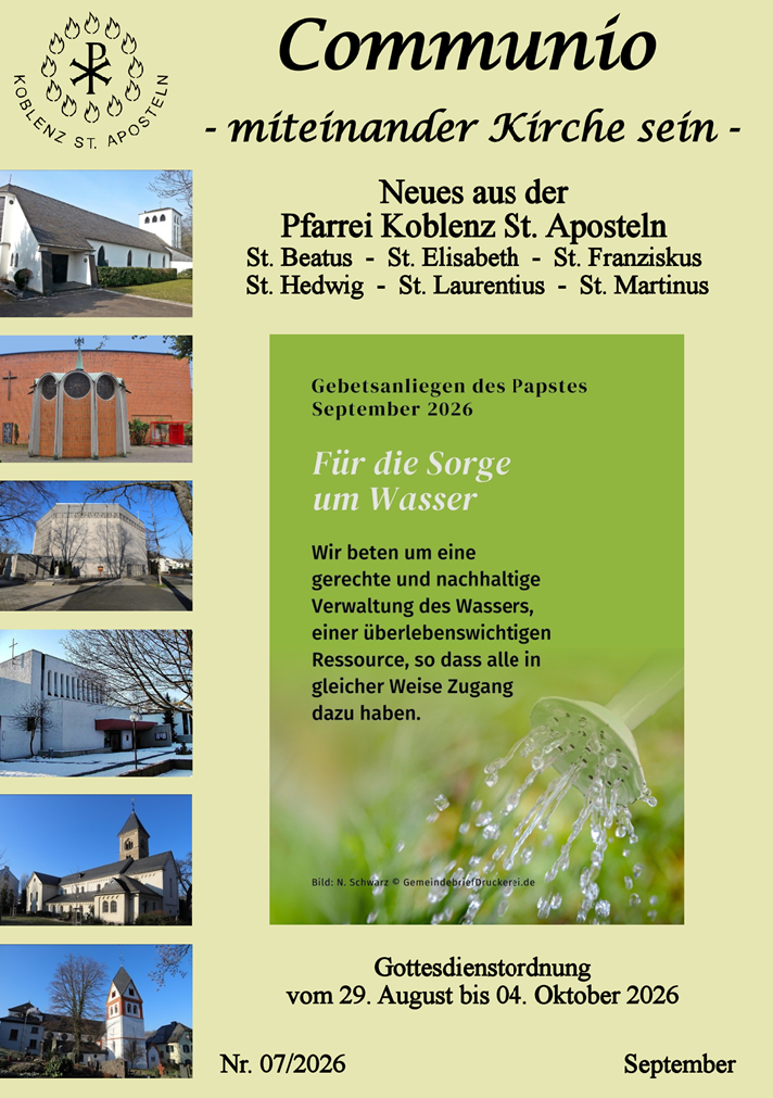 Titelbild des Pfarrbriefs September 2026 der Pfarrei Koblenz St. Aposteln im Fokus ein Foto von Wasser mit dem Hinweis auf ein Gebetsanliegen zur gerechten Verteilung von Wasser