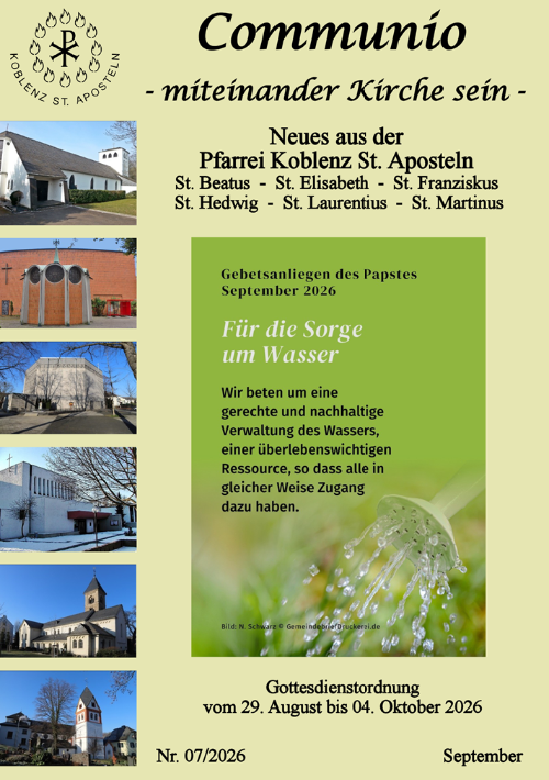 Titelbild des Pfarrbriefs September 2026 der Pfarrei Koblenz St. Aposteln im Fokus ein Foto von Wasser mit dem Hinweis auf ein Gebetsanliegen zur gerechten Verteilung von Wasser