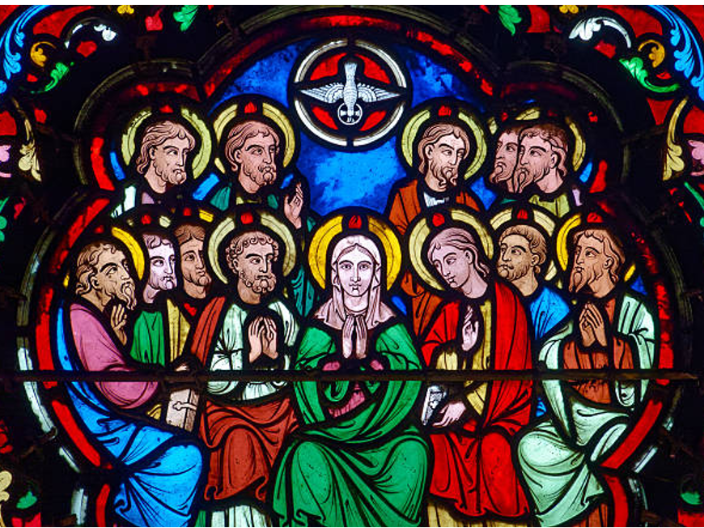 Jesus umringt von den zwölf Aposteln und über ihnen der Heilige Geist -