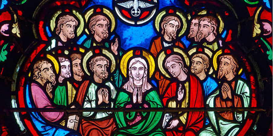 Jesus umringt von den zwölf Aposteln und über ihnen der Heilige Geist - (c) Jörg Stein/Pfarrei Koblenz St.Aposteln Jesus umringt von den zwölf Aposteln und über ihnen der Heilige Geist -