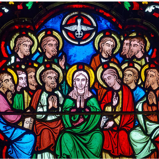 Jesus umringt von den zwölf Aposteln und über ihnen der Heilige Geist -