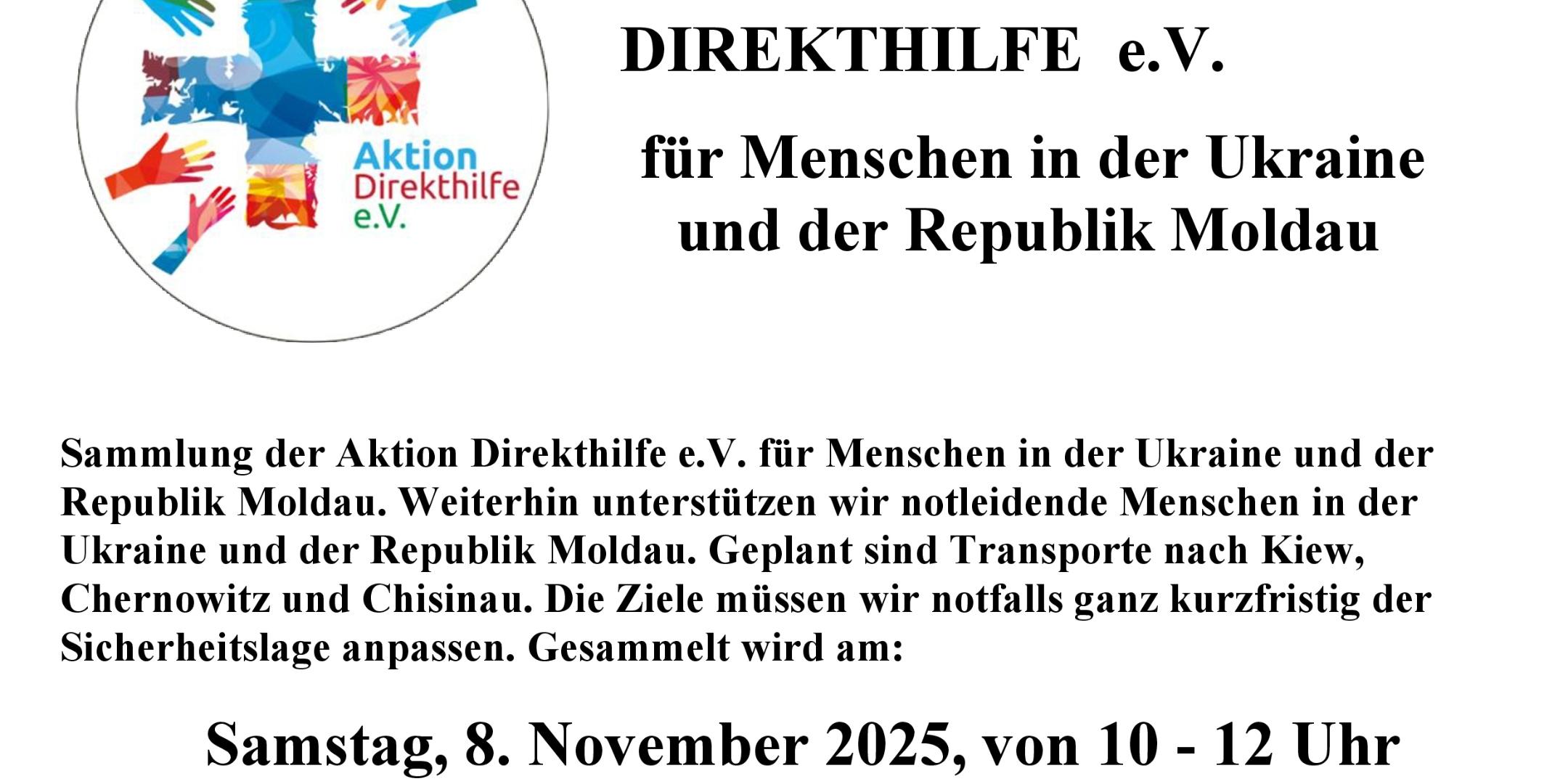 Plakat mit Sammelaufruf mit QR-Code und Nennung aller Hilfsgüter, die gesammelt werden. Links oben das Logo der Aktion Direkthilfe (c) Aktion Direkthilfe Plakat mit Sammelaufruf mit QR-Code und Nennung aller Hilfsgüter, die gesammelt werden. Links oben das Logo der Aktion Direkthilfe