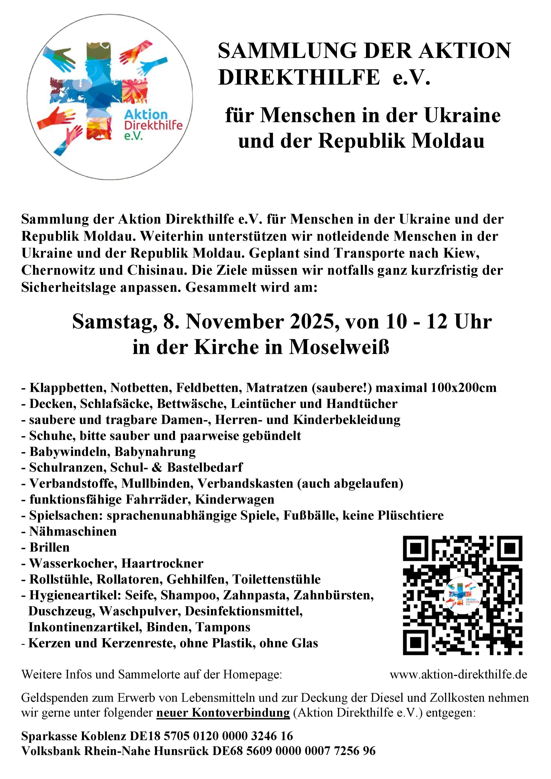 Plakat mit Sammelaufruf mit QR-Code und Nennung aller Hilfsgüter, die gesammelt werden. Links oben das Logo der Aktion Direkthilfe