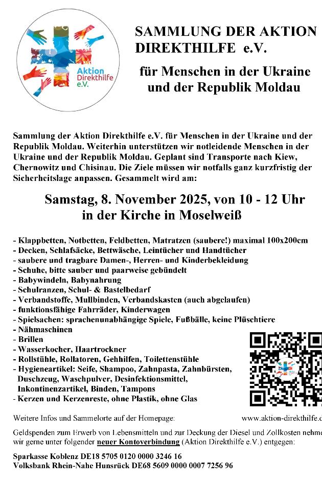 Plakat mit Sammelaufruf mit QR-Code und Nennung aller Hilfsgüter, die gesammelt werden. Links oben das Logo der Aktion Direkthilfe