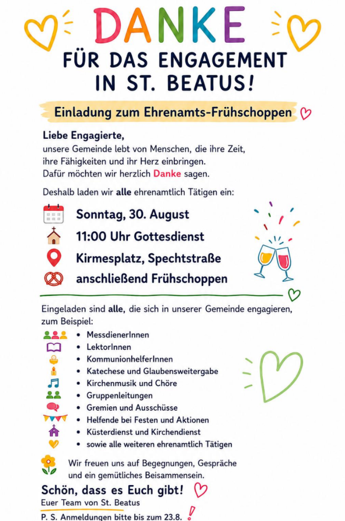 Danke für das Engagement in St. Beatus Einladung zum Ehrenamts Frühschoppen am Sonntag 30. August nach dem 11 Uhr Gottesdienst auf dem Kirmesplatz, Spechtstraße (c) Claudia Castor Ott/Pfarrei Koblenz St. Aposteln Danke für das Engagement in St. Beatus Einladung zum Ehrenamts Frühschoppen am Sonntag 30. August nach dem 11 Uhr Gottesdienst auf dem Kirmesplatz, Spechtstraße