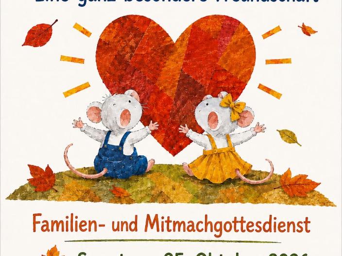 Plakat Einladung zum Familien- und Mitmachgottesdienst 'Du und Ich eine ganz besondere Freundschaft' am 25.10.2026 um 9:30 Uhr in Beatus