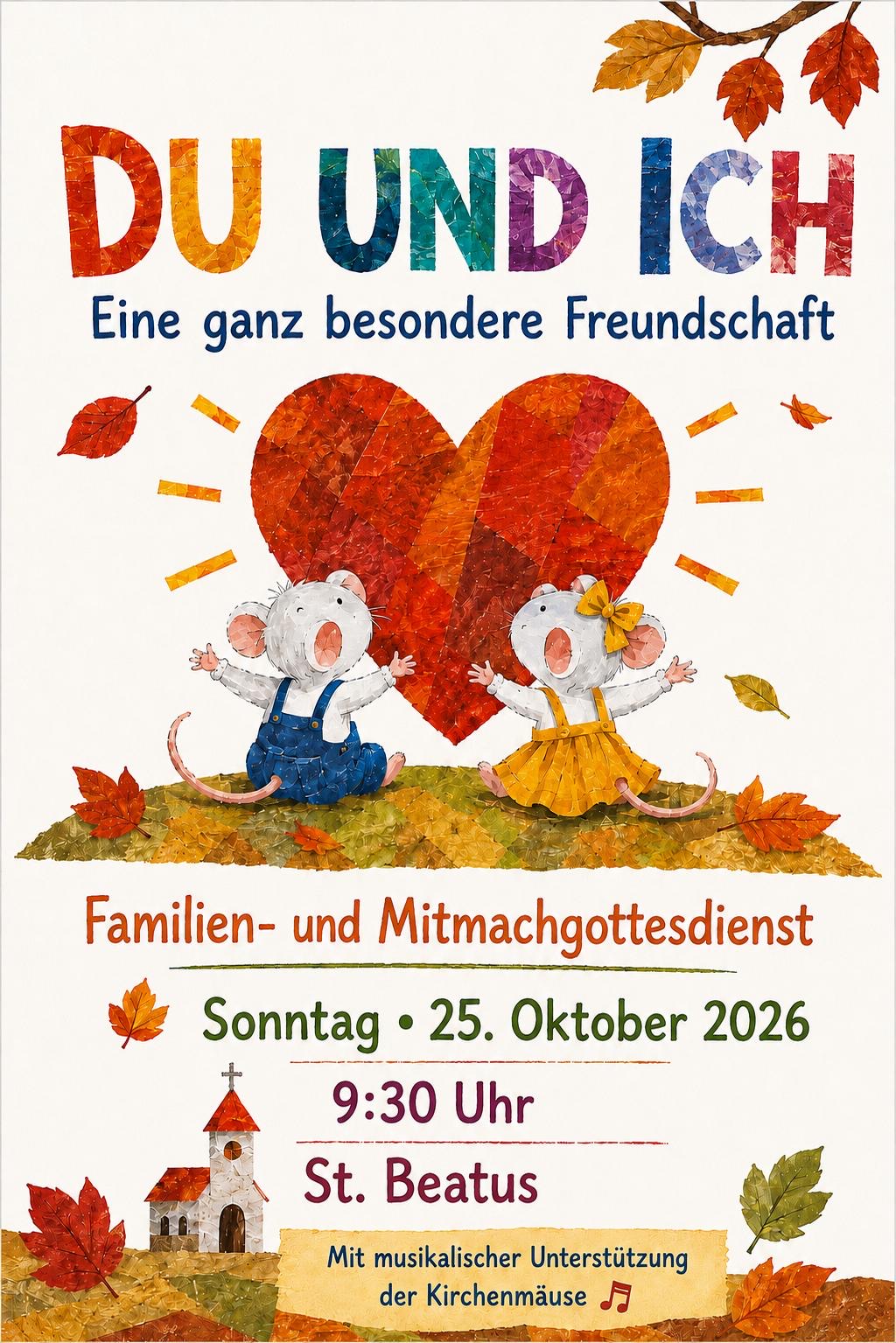 2026-10-25 Familiengottesdienst (c) Pia Paolazzi/Pfarrei Koblenz St. Aposteln Plakat Einladung zum Familien- und Mitmachgottesdienst 'Du und Ich eine ganz besondere Freundschaft' am 25.10.2026 um 9:30 Uhr in Beatus