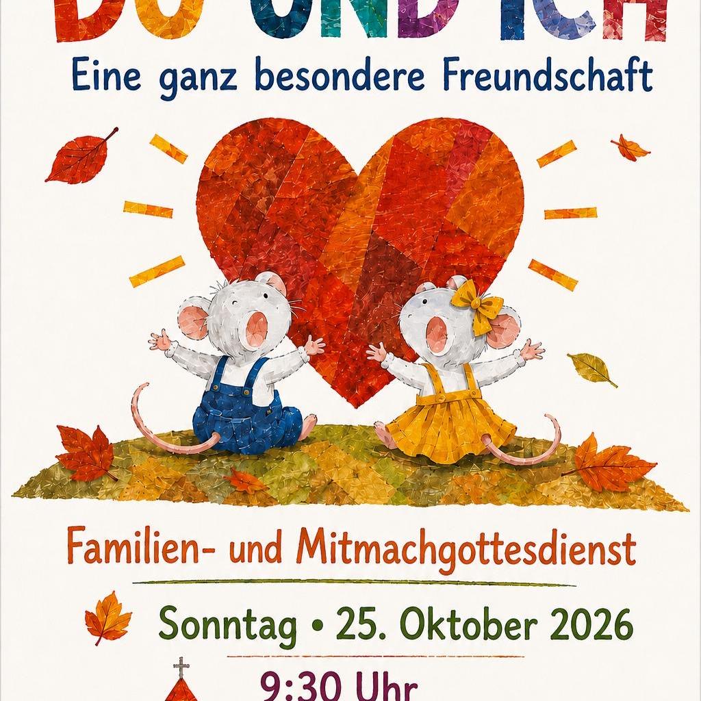 Plakat Einladung zum Familien- und Mitmachgottesdienst 'Du und Ich eine ganz besondere Freundschaft' am 25.10.2026 um 9:30 Uhr in Beatus