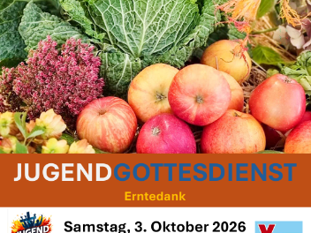Plakat Jugendgottesdienst 03.10.2026 um 18 Uhr in der St. Laurentius KIrche zu sehen ist auf dem Bild ein Wirsing,  Äpfel, Blumen und Zwiebeln