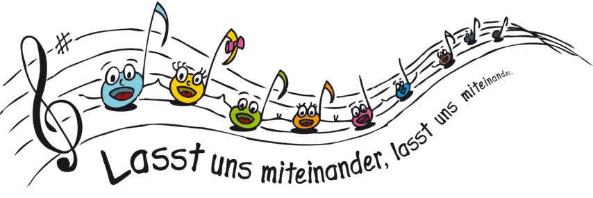 6395_kinderchor_noten_farbig Bild Sarah Frank factum.adp Pfarrbriefservice.de farbige Noten, die auf einer welligen Tonleiter dargestellt sind, die einzelnen Noten haben lustige Gesichter