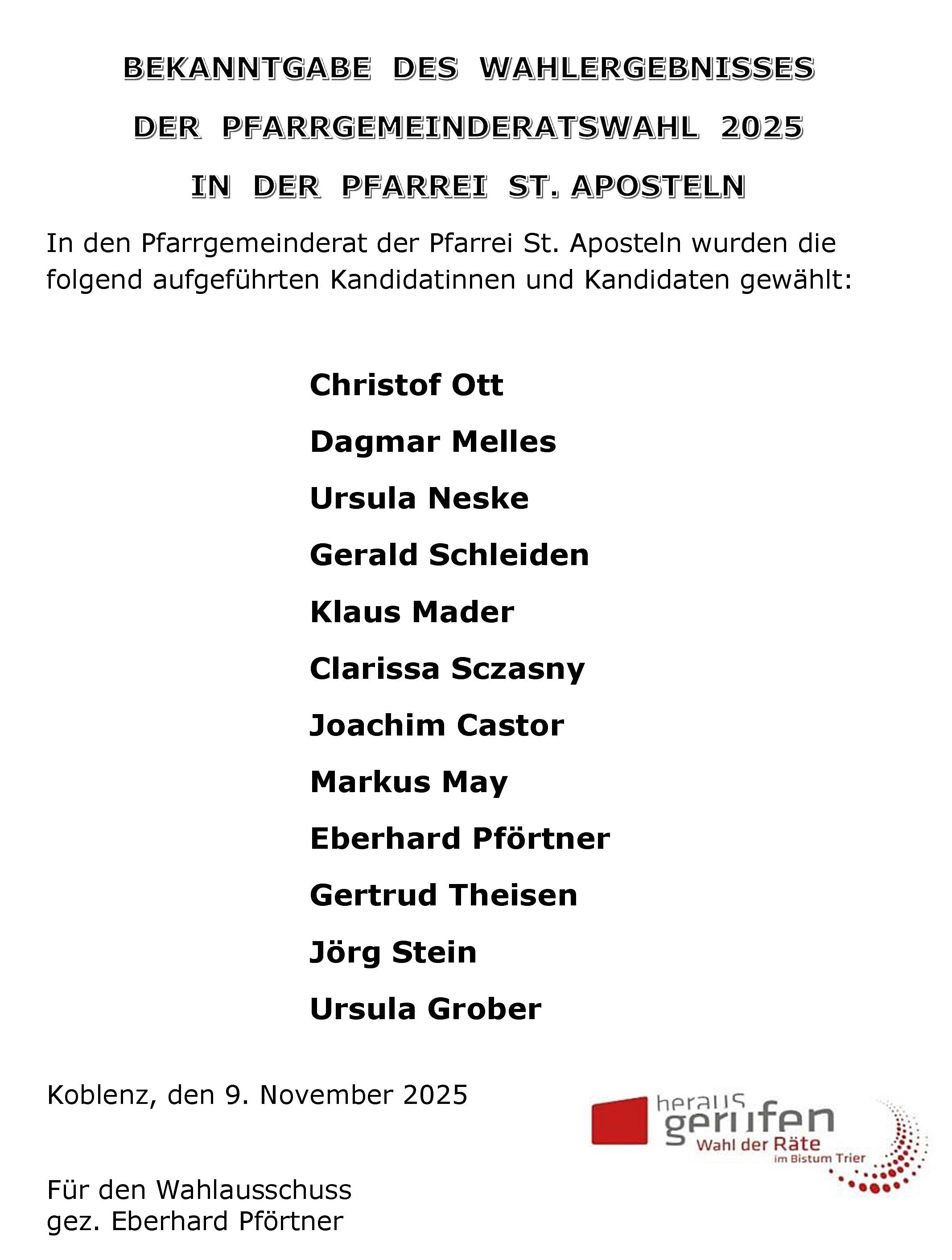 Bekanntgabe des Wahlergebnisses der PGR Wahl Koblenz St. Aposteln als Bilddatei