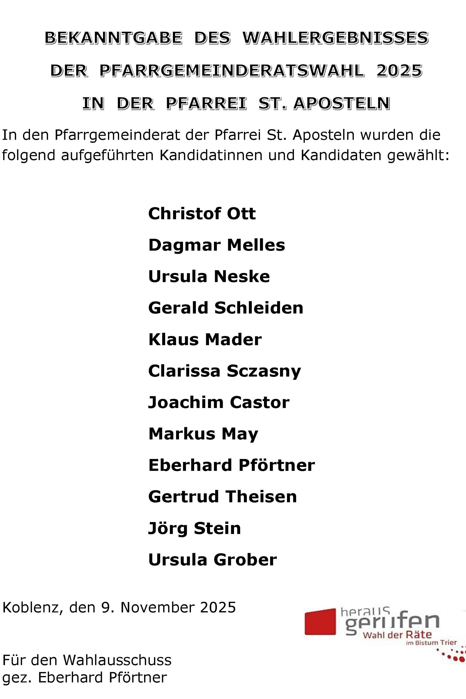 Bekanntgabe des Wahlergebnisses der PGR Wahl Koblenz St. Aposteln als Bilddatei
