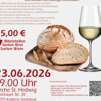 Ein Laib Brot und Brotscheiben auf einem Holzbrett, daneben ein halbgefülltes Weinglas. 7 Bibelstellen, Brot- und Weinsorten werden von Kalle Grundmann vorgestellt am 23.06.2026 um 19 Uhr . Beitrag 25 Euro