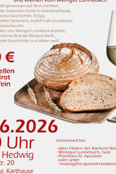 Ein Laib Brot und Brotscheiben auf einem Holzbrett, daneben ein halbgefülltes Weinglas. 7 Bibelstellen, Brot- und Weinsorten werden von Kalle Grundmann vorgestellt am 23.06.2026 um 19 Uhr . Beitrag 25 Euro