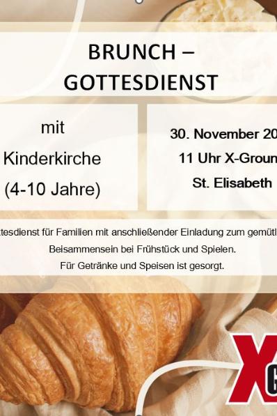 Plakat mit Einladung zum Bruch-Gottesdienst, im Hintergrund Croissants