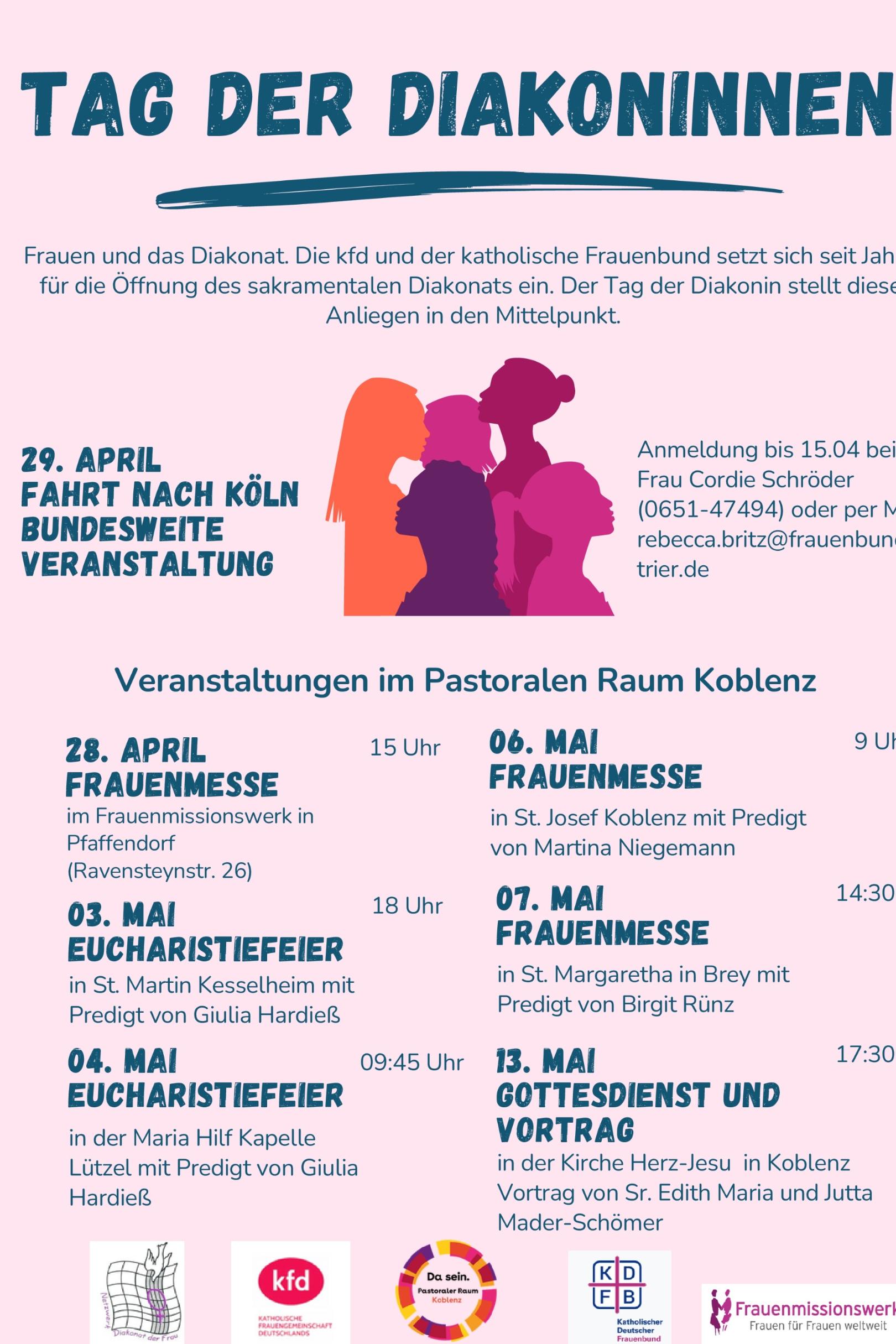 Plakat mit hellrosa Hintergrund zum Tag der Diakonninnen in Köln am 29.04.2025