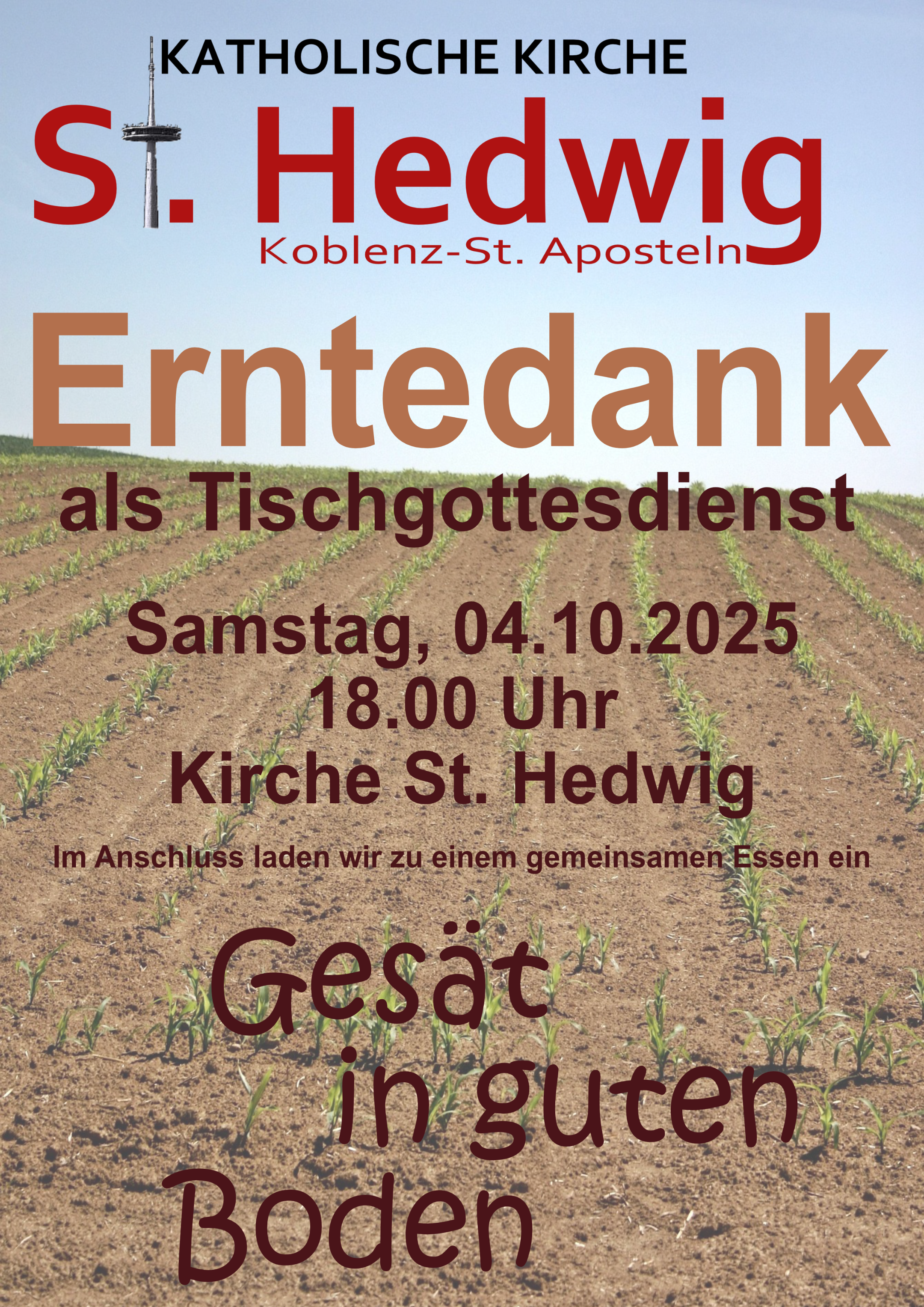 Plakat mit Foto eines Ackers mit Pflanzen und Informationen zu einem Erntedankgottesdienst