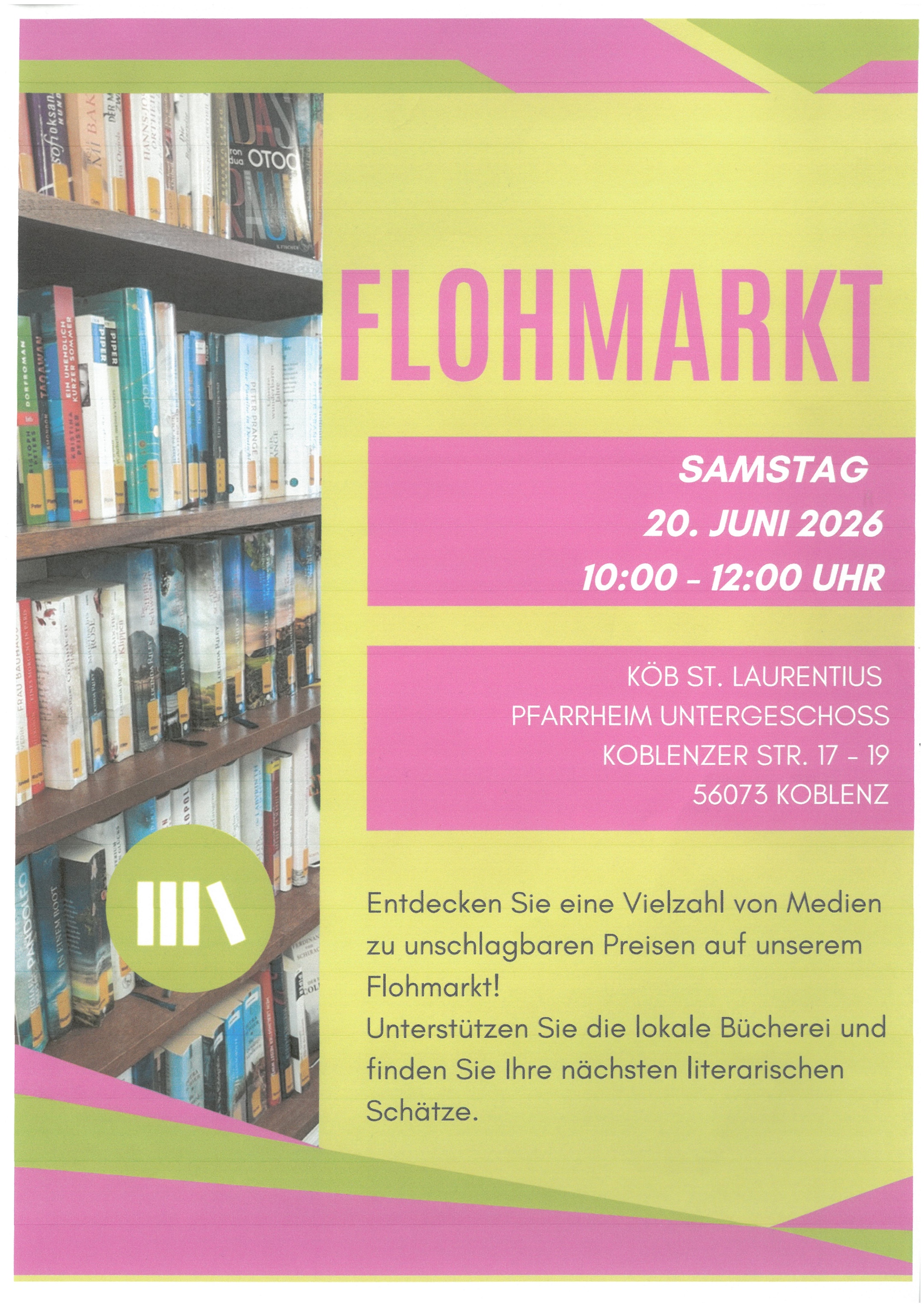 Plakatmit Einladung zum Bücherflohmarkt am 20.06.2026