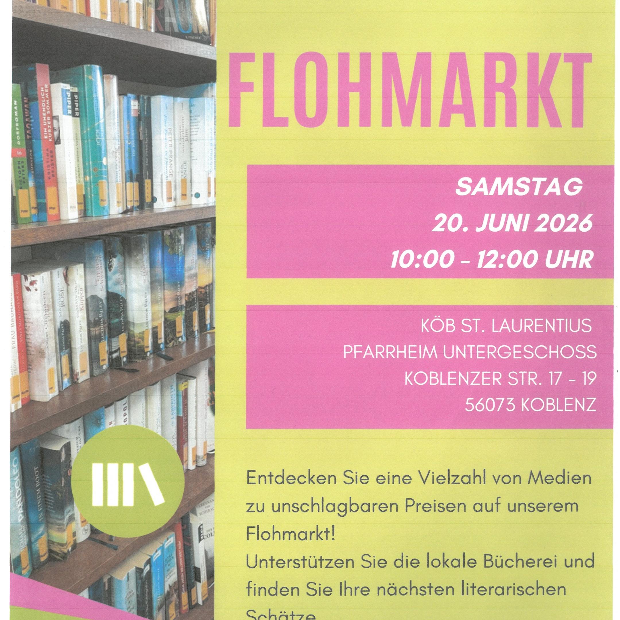 Plakatmit Einladung zum Bücherflohmarkt am 20.06.2026