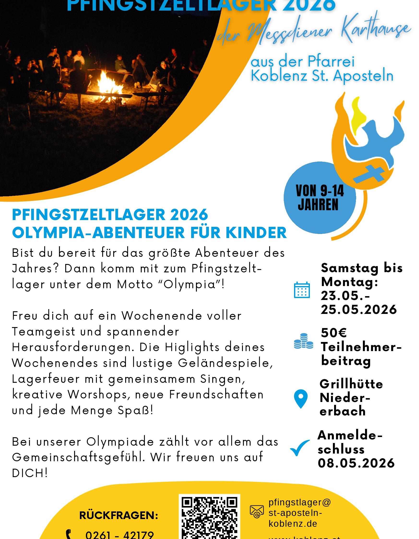 Flyer mit Angaben zum Pfingstzeltlager 2026 der Messdiener Moselweiß