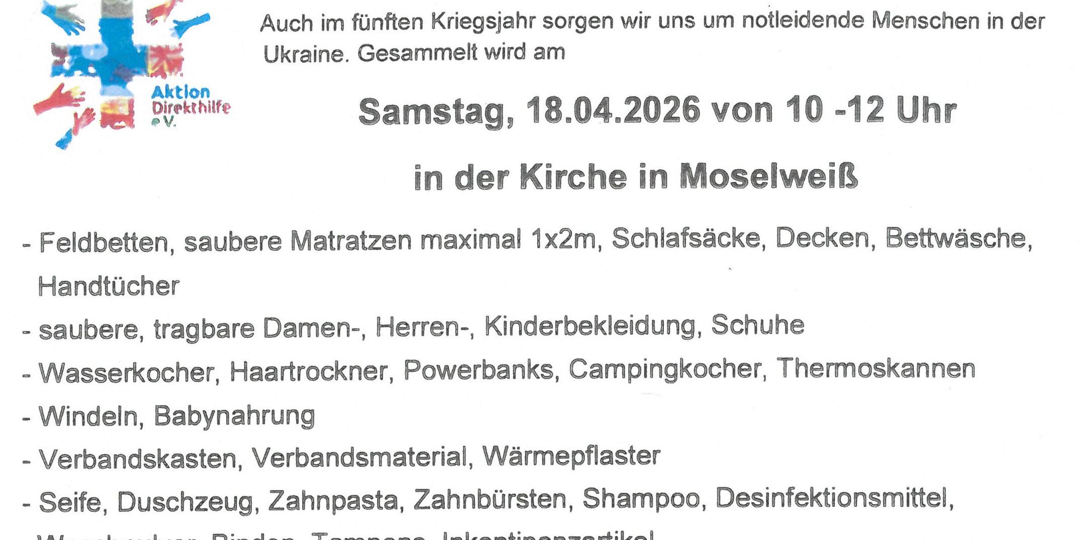Flyer mit Aufzählung der Hilfsgüter die am 18.04.2026 gesammelt werden