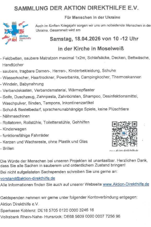 Flyer mit Aufzählung der Hilfsgüter die am 18.04.2026 gesammelt werden