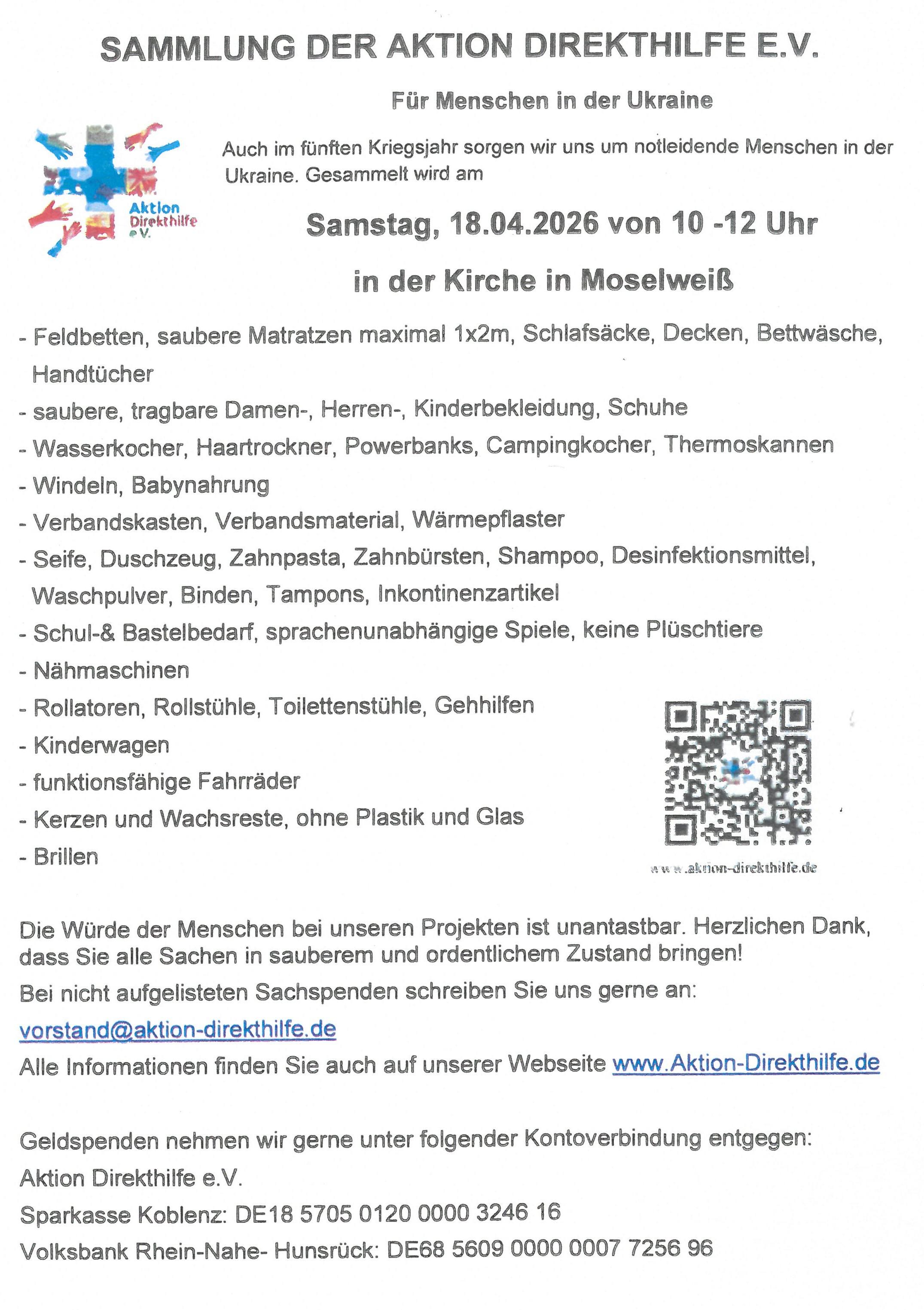 Flyer mit Aufzählung der Hilfsgüter die am 18.04.2026 gesammelt werden