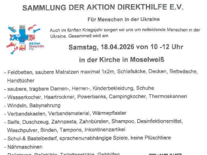 Flyer mit Aufzählung der Hilfsgüter die am 18.04.2026 gesammelt werden