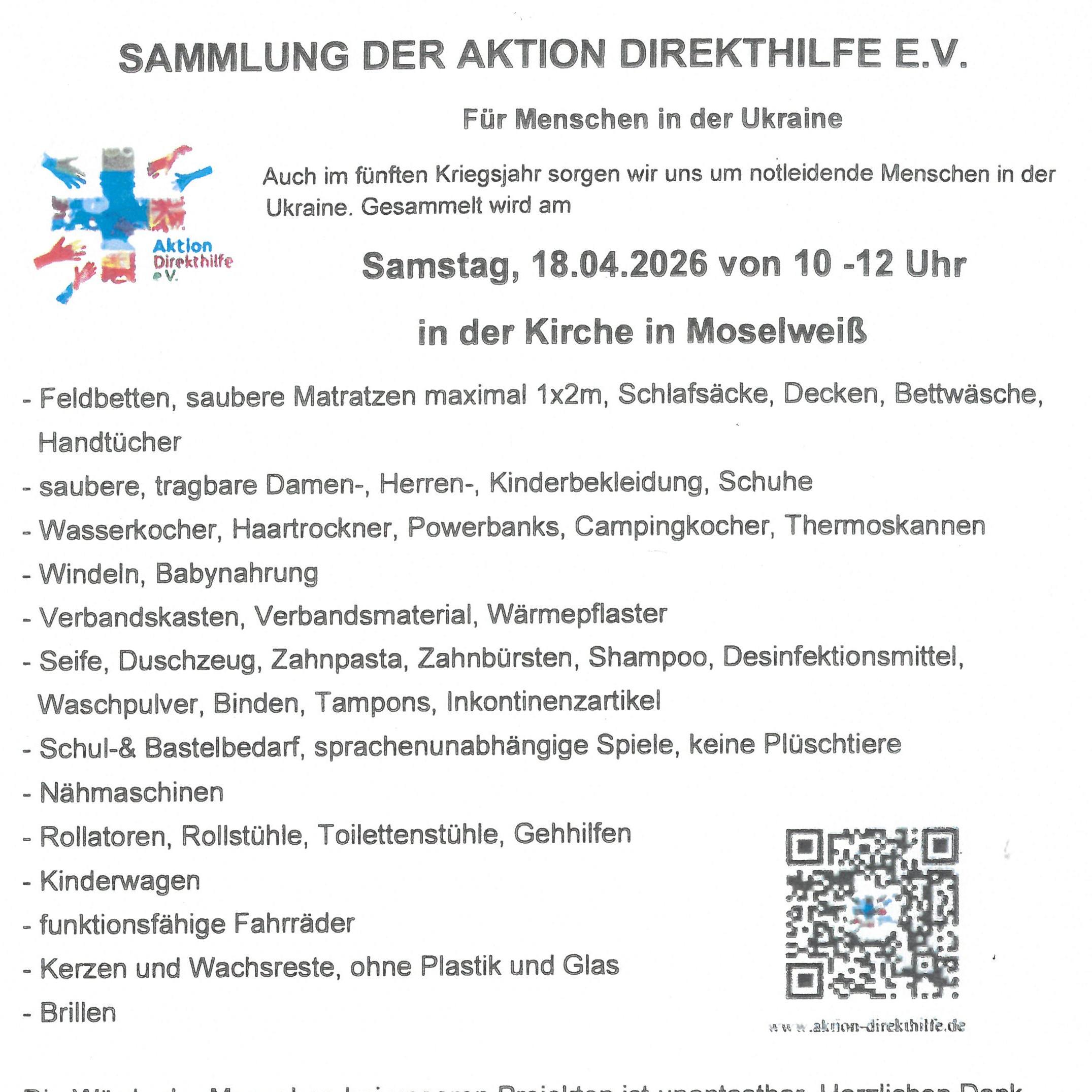 Flyer mit Aufzählung der Hilfsgüter die am 18.04.2026 gesammelt werden