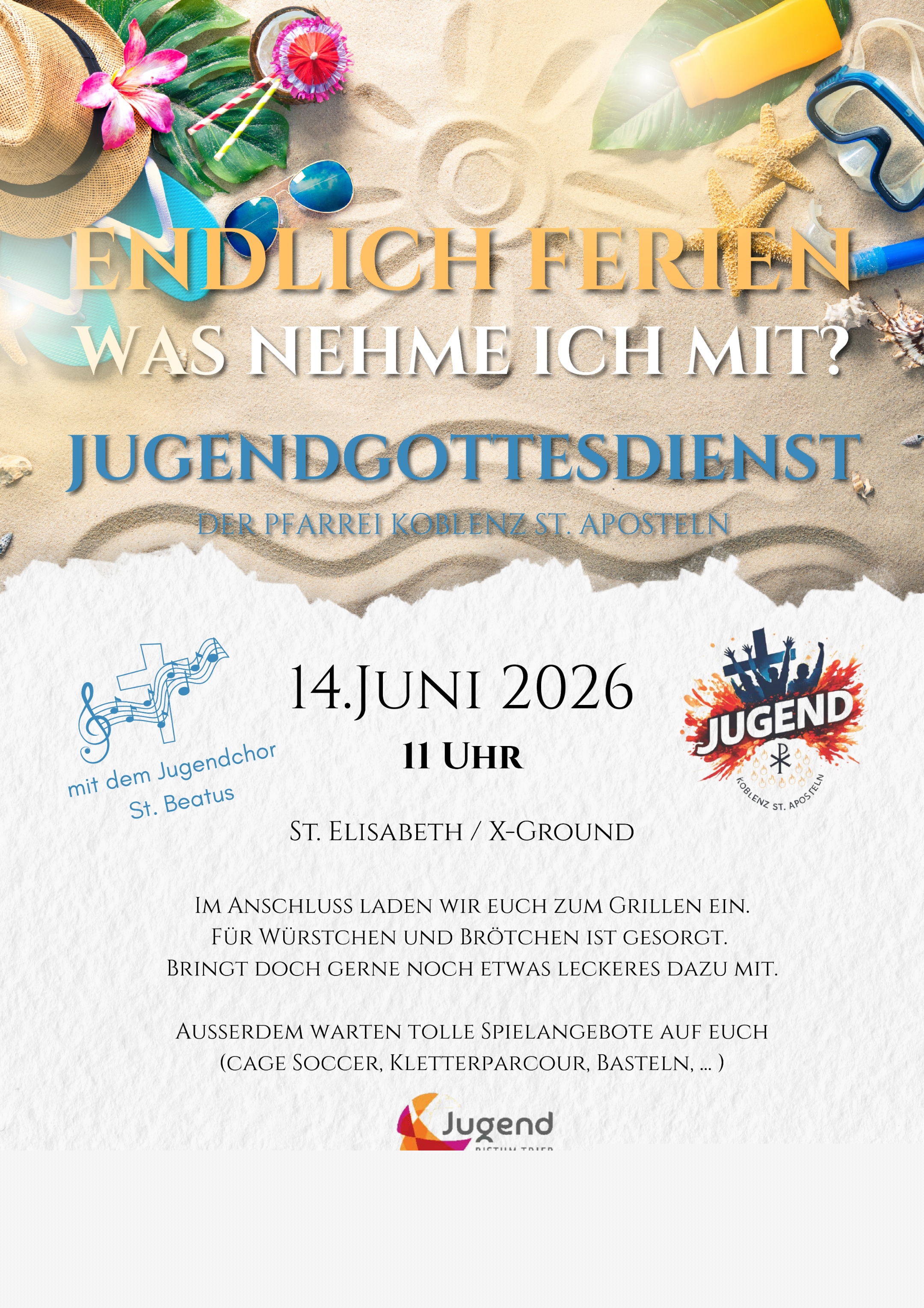 Plakat mit Einladung zum Jugendgottesdienst am 14.06.2026 in St. Elisabeth Koblenz
