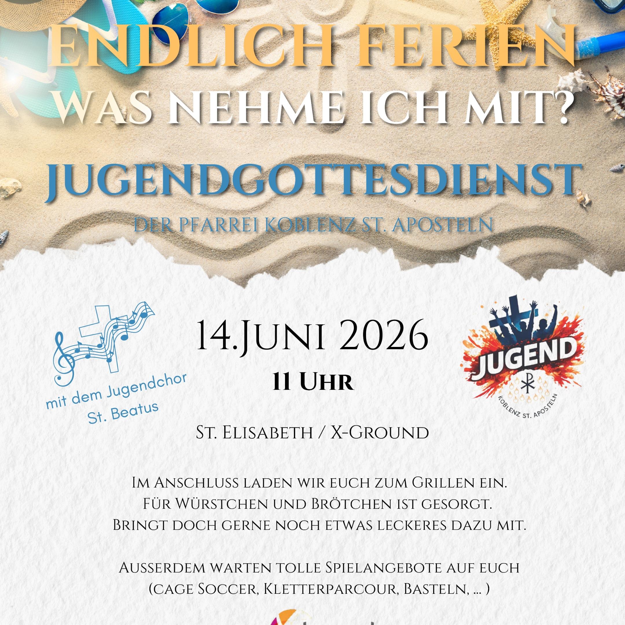 Plakat mit Einladung zum Jugendgottesdienst am 14.06.2026 in St. Elisabeth Koblenz