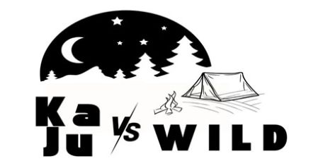 Grafik Zeltlager der KaJu, zu sehen ist ein Zelt, ein Lagerfeuer, Nadelbäume und Mond und Sterne, sowie der Schriftzug KaJu v/s WILD, wir erobern die Wildnis