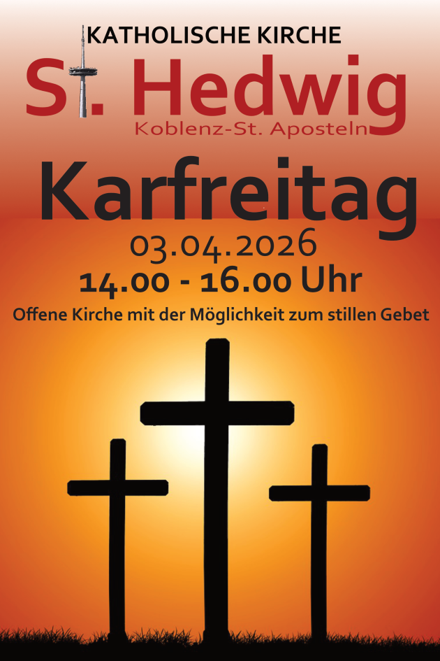 Plakat in rot-orange Tönen gehalten darauf 3 Kreuze zu sehen das mittlere sticht hervor, da es größer ist und im Hintergrund ein heller Lichtschein