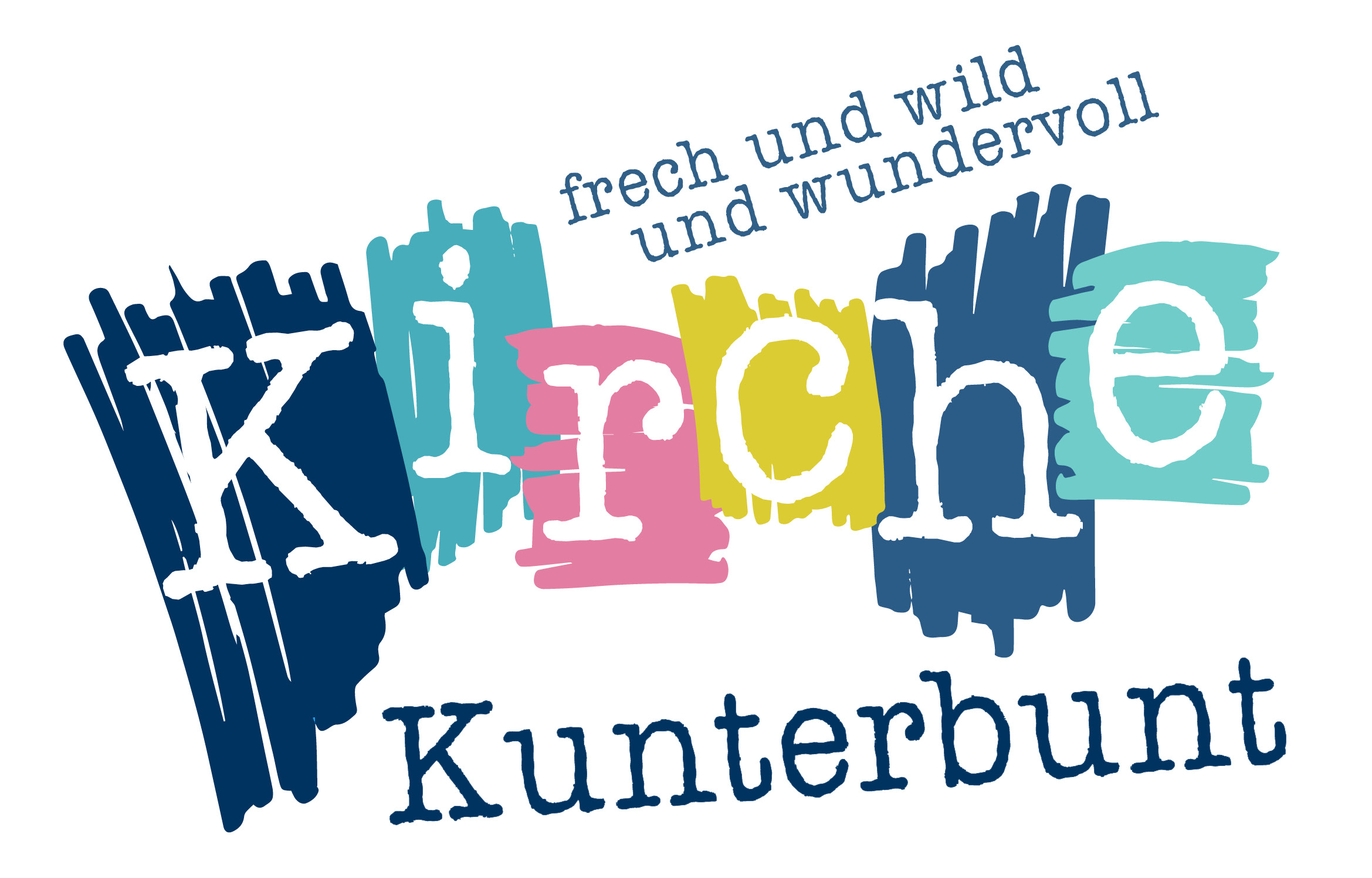 LogoKircheKunterbunt - Das Wort Kirche mit weißen Buchenstaben auf unterschiedlichen Farbklecksen geschrieben darunter einfarbig dunkelblau das Wort Kunterbunt (c) Kirche Kunterbunt LogoKircheKunterbunt - Das Wort Kirche mit weißen Buchenstaben auf unterschiedlichen Farbklecksen geschrieben darunter einfarbig dunkelblau das Wort Kunterbunt