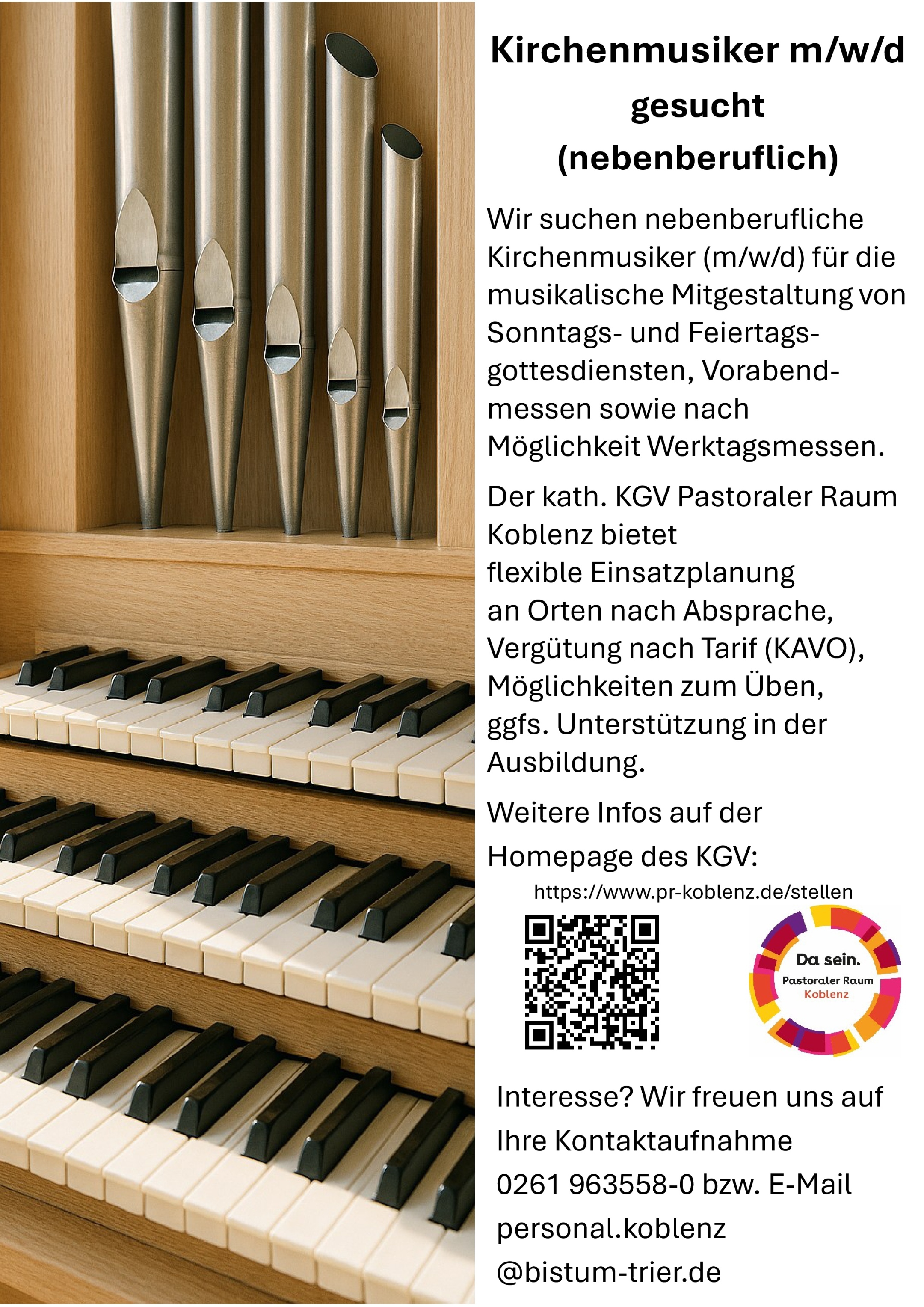Stellenausschreibung Pastoraler Raum Koblenz, links Tasten und Pfeifen einer Orgel, rechts Text (c) Pastoraler Raum Koblenz Stellenausschreibung Pastoraler Raum Koblenz, links Tasten und Pfeifen einer Orgel, rechts Text