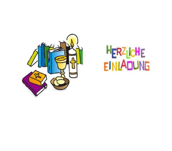 Bunte Grafik mit Kelch Hostien Kommunionkerze und Büchern zum Thema Kommunion