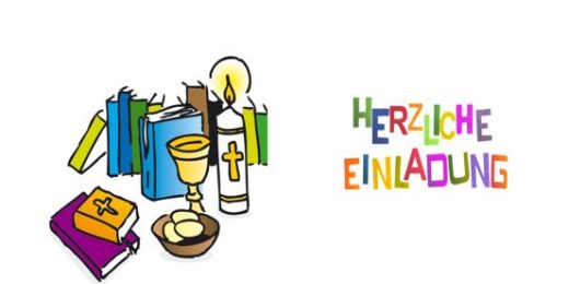 Bunte Grafik mit Kelch Hostien Kommunionkerze und Büchern zum Thema Kommunion