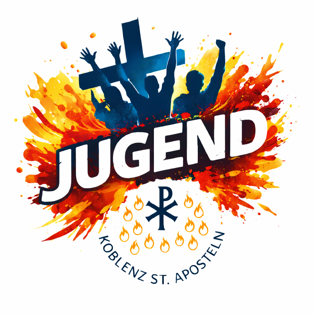 Oberhalb des Logos der Pfarrei Koblenz St. Aposteln der Schriftzug Jugend - dahinter Flammen in der Mitte begeisterte Menschen vor einem Kreuz