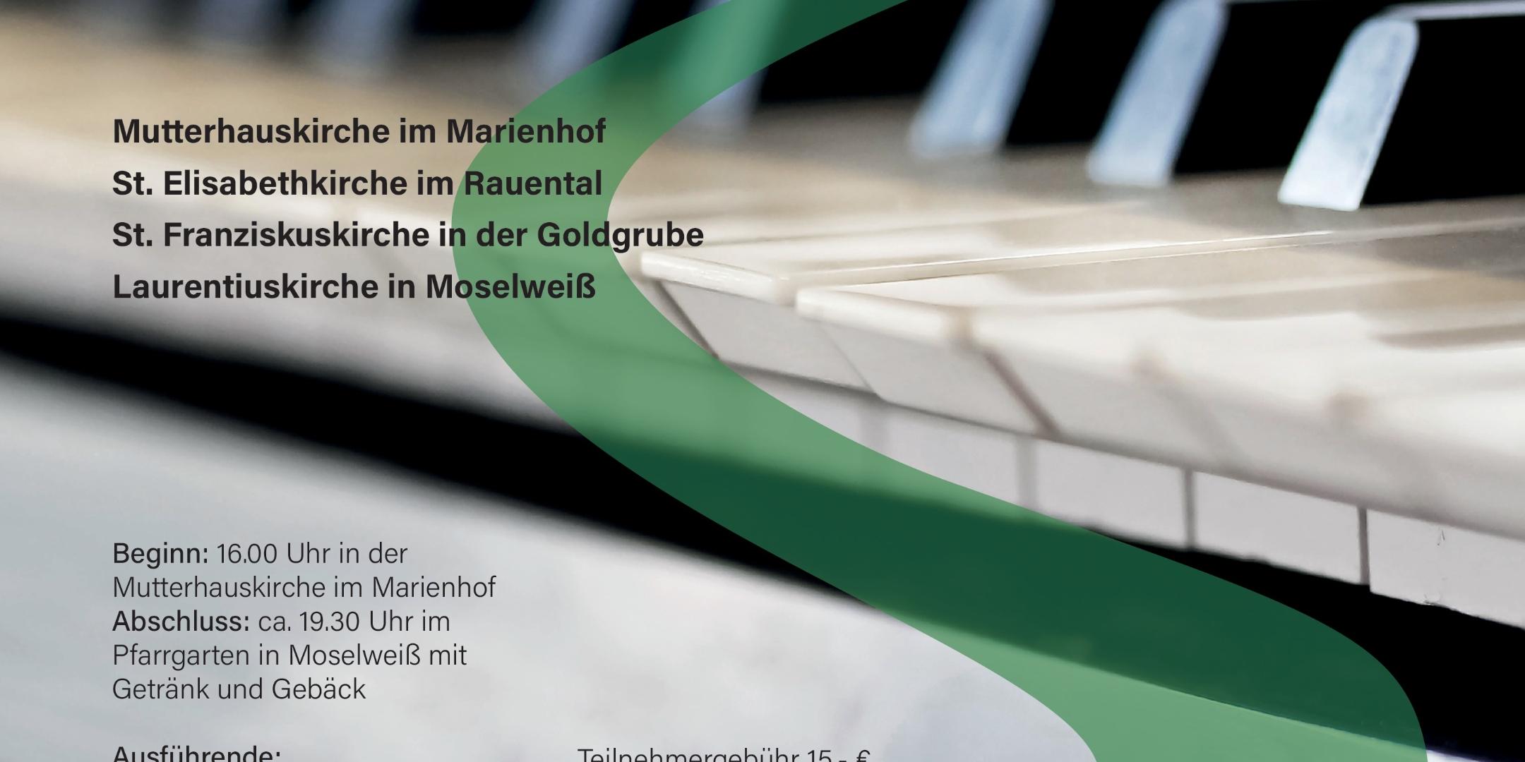 Plakat mit Infos zum Koblenzer Orgelspaziergang am 26. Juni, im Hintergrund Orgeltasten