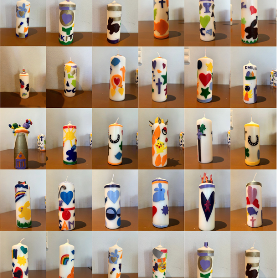 Einundvierzig kleine Fotos von je einer gebastelten Osterkerze als Collage, unten der Schriftzug Osterkerzenbasteln St. Hedwig