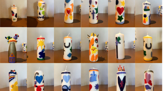 Einundvierzig kleine Fotos von je einer gebastelten Osterkerze als Collage, unten der Schriftzug Osterkerzenbasteln St. Hedwig