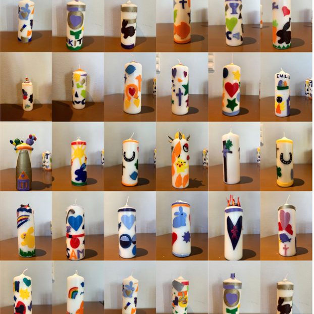 Einundvierzig kleine Fotos von je einer gebastelten Osterkerze als Collage, unten der Schriftzug Osterkerzenbasteln St. Hedwig