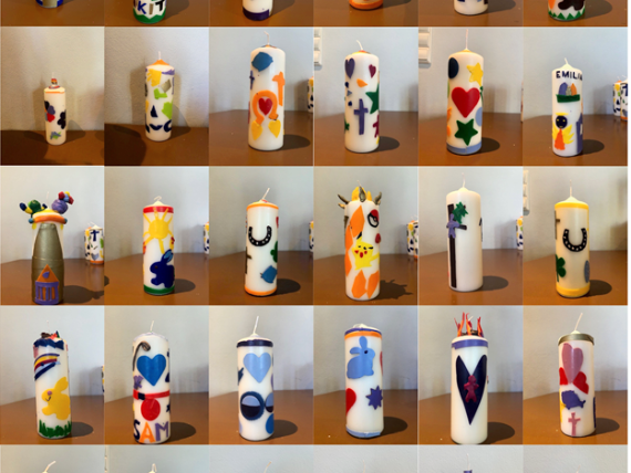 Einundvierzig kleine Fotos von je einer gebastelten Osterkerze als Collage, unten der Schriftzug Osterkerzenbasteln St. Hedwig