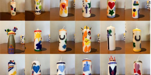 Einundvierzig kleine Fotos von je einer gebastelten Osterkerze als Collage, unten der Schriftzug Osterkerzenbasteln St. Hedwig